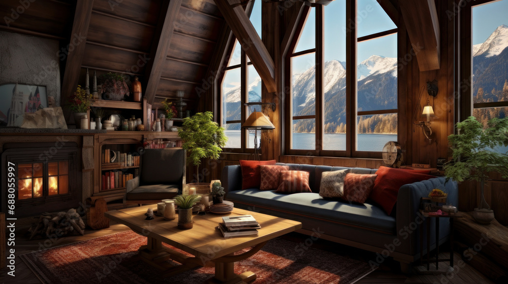 Interior of a cozy room in the style of a Swiss chalet
