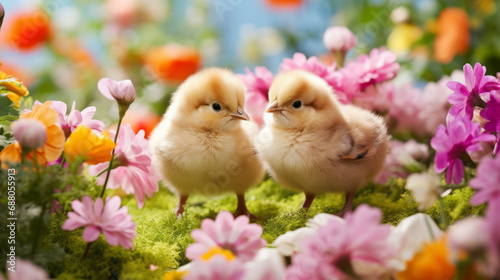 two easter chicks surrounded by the spring flowers in the garden