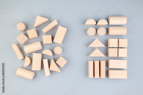 Many different geometric wooden toys in confused positions on the left, rearranged into the same types on the right, category, classification concept photo