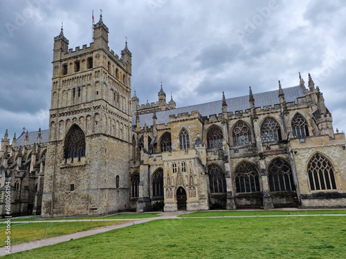 Exeter Cathedral in south west England Devon which is a medieval Norman building which dates from 1050 which is a popular tourist holiday travel destination and landmark attraction, stock photo image