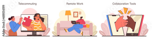 Digital Teamworks set. Seamless telecommuting, cozy remote work setup, effective collaboration tools. Expressing connectivity and productivity in modern employment. Flat vector illustration