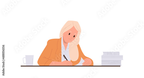Woman office worker cartoon character writing notes, project plan or business letter at worktable
