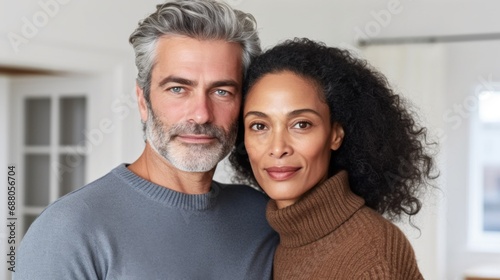 Timeless love on display as a 50-year-old European couple embraces in their home.