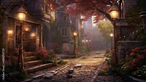 A charming alleyway adorned with vintage street lamps  their soft glow illuminating cobblestone paths as the surroundings blur into a picturesque scene