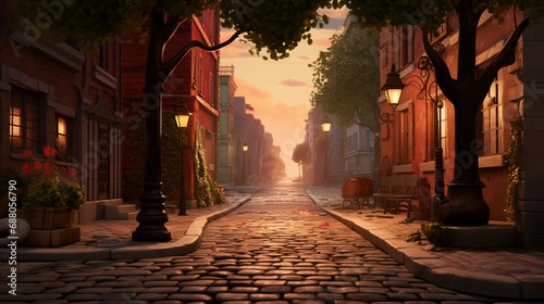 A charming alleyway adorned with vintage street lamps, their soft glow illuminating cobblestone paths as the surroundings blur into a picturesque scene