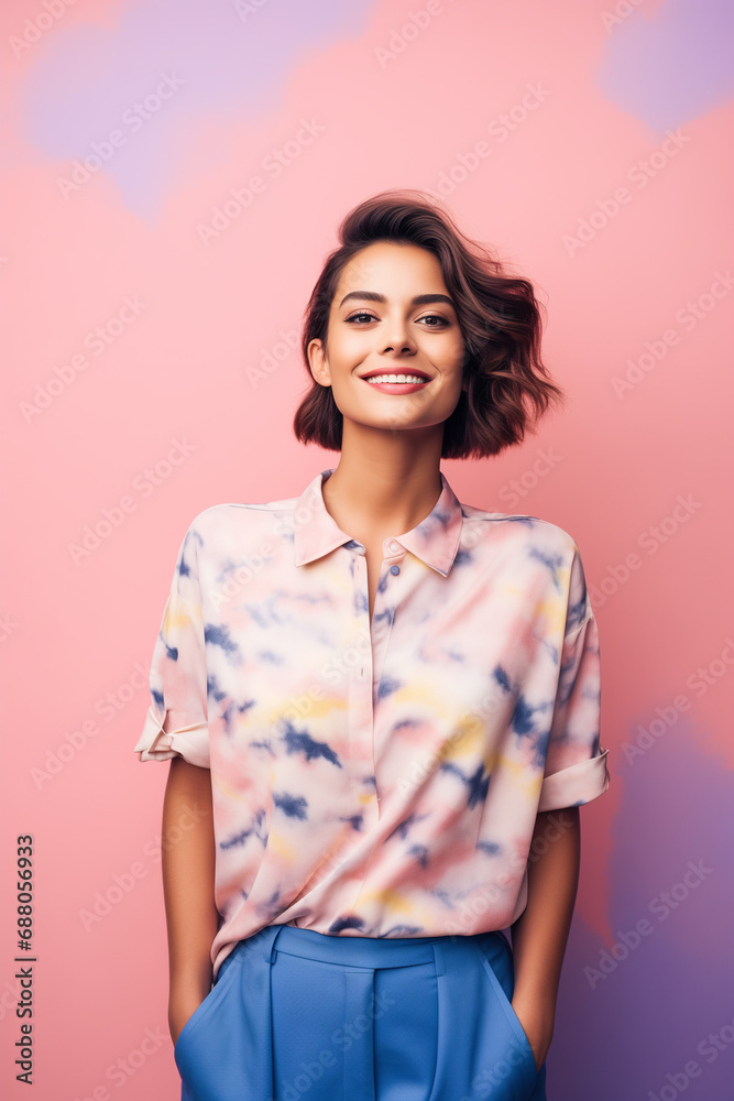 Happy girl on a pastel pink background,colorful,pastel colors,fashion editorial. Happy girl on a pastel pink background,colorful,pastel colors,fashion editorial.
