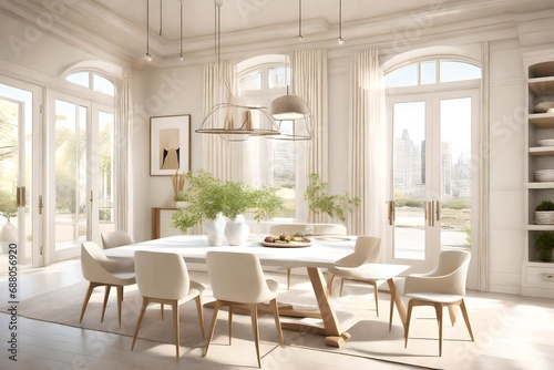 A bright and airy dining room featuring a white dining set  cream-colored walls  and natural light streaming in for a refreshing ambiance.