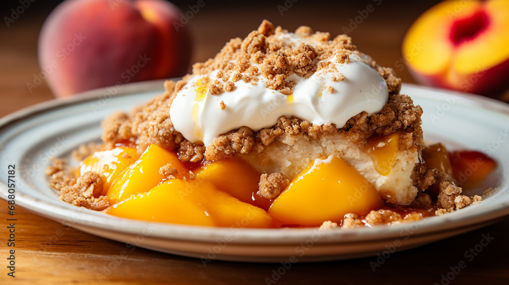 Close up of breakfast dessert peach crumble on white plate Close up of breakfast dessert peach crumble on white plate