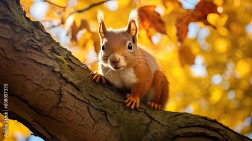 brown squirrel in the treetops branch on a warm fall day with bokeh of autumn leaves created with Generative AI Technology