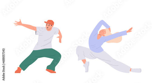 Teenager boy and girl cartoon characters set dancing freestyle performing breakdance or hip-hop