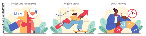 Growth Strategy set. Teams streamline businesses using tools from organic growth to mergers. Market Penetration, SWOT Analysis, and Joint Ventures stand out. Flat vector illustration.