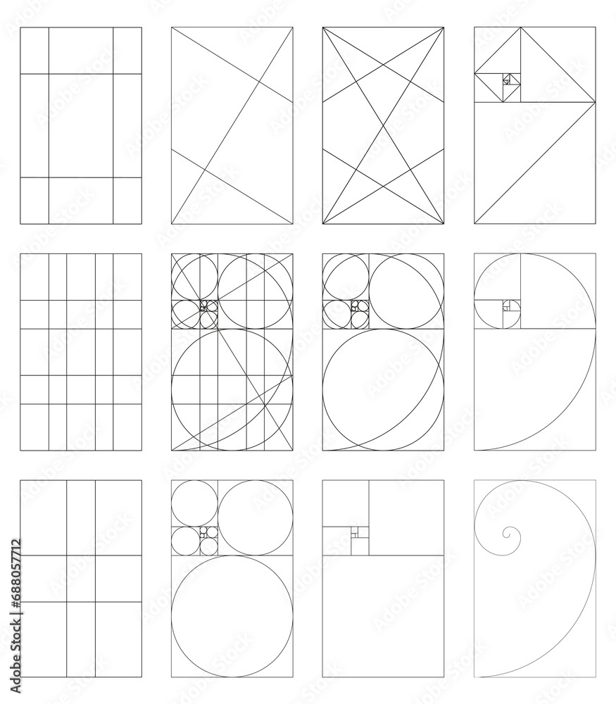 Golden ratio icon set. Method golden section. Fibonacci array, numbers. Harmony proportions. Vector template. Eps. - obrazy, fototapety, plakaty 