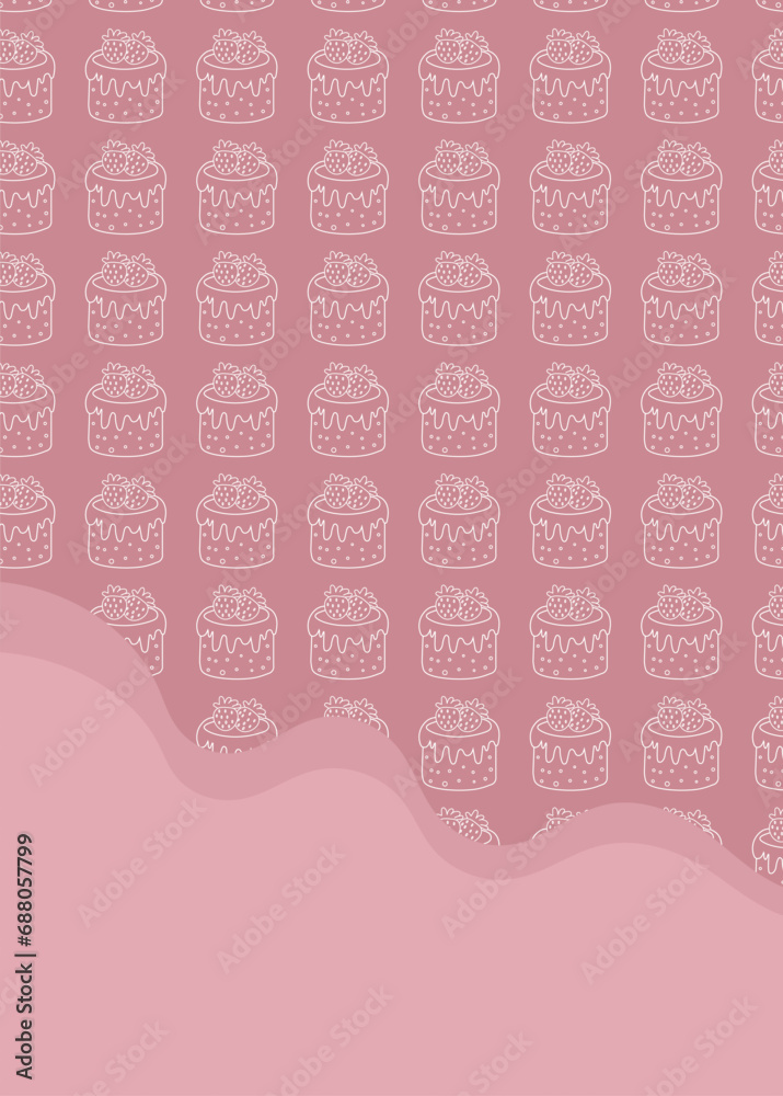 Chocolate and strawberry cake pattern, template with cake, sweet foods, for design backgrounds