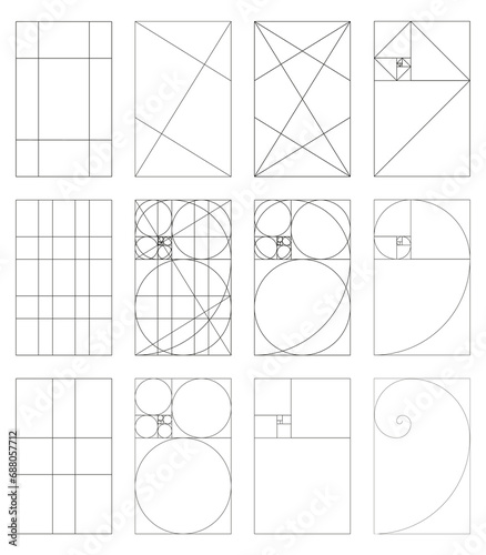 Golden ratio icon set. Method golden section. Fibonacci array, numbers. Harmony proportions. Vector template. Eps.