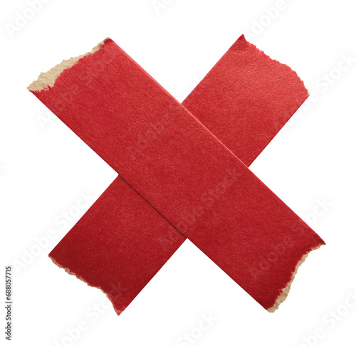 Adhesive red paper X shaped tape cut out on transparent background
