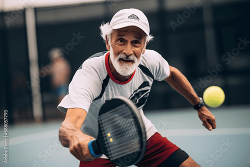 Pickleball Enthusiasm: Person Engaged in Pickleball, Experiencing Fitness and Enjoyment. Fitness and Fun: Person Playing Pickleball, Demonstrating the Joy of Fitness Activities.