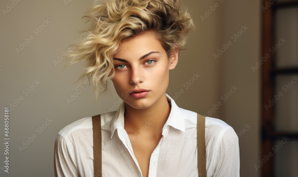 Stylish Western European non-binary individual in their 20s with short tousled blonde hair in a casual white shirt and suspenders, neutral studio background