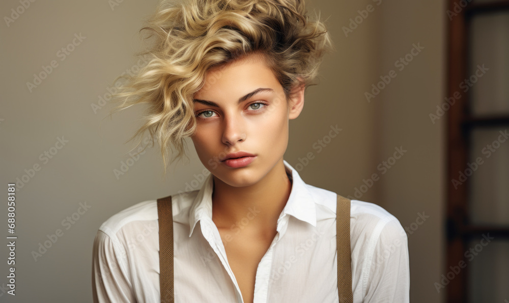 Stylish Western European non-binary individual in their 20s with short tousled blonde hair in a casual white shirt and suspenders, neutral studio background Stylish Western European non-binary individual in their 20s with short tousled blonde hair in a casual white shirt and suspenders, neutral studio background