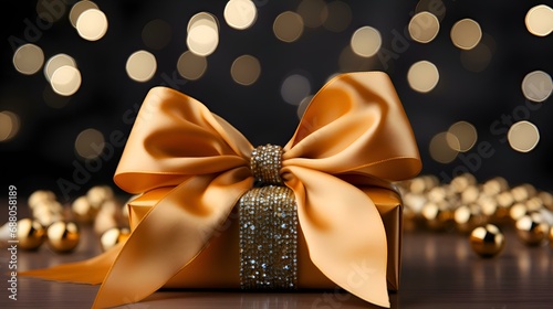 A gift in the form of a box with a bow on a dark background: congratulations on the New Year, Christmas, March 8, Valentine's Day and February 14, Mother's Day, Birthday (Ai generation)