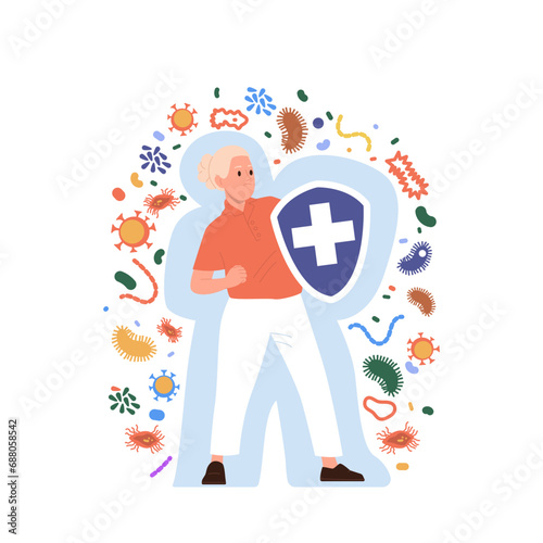 Woman cartoon character with immunity shield fighting against virus and bacteria isolated on white
