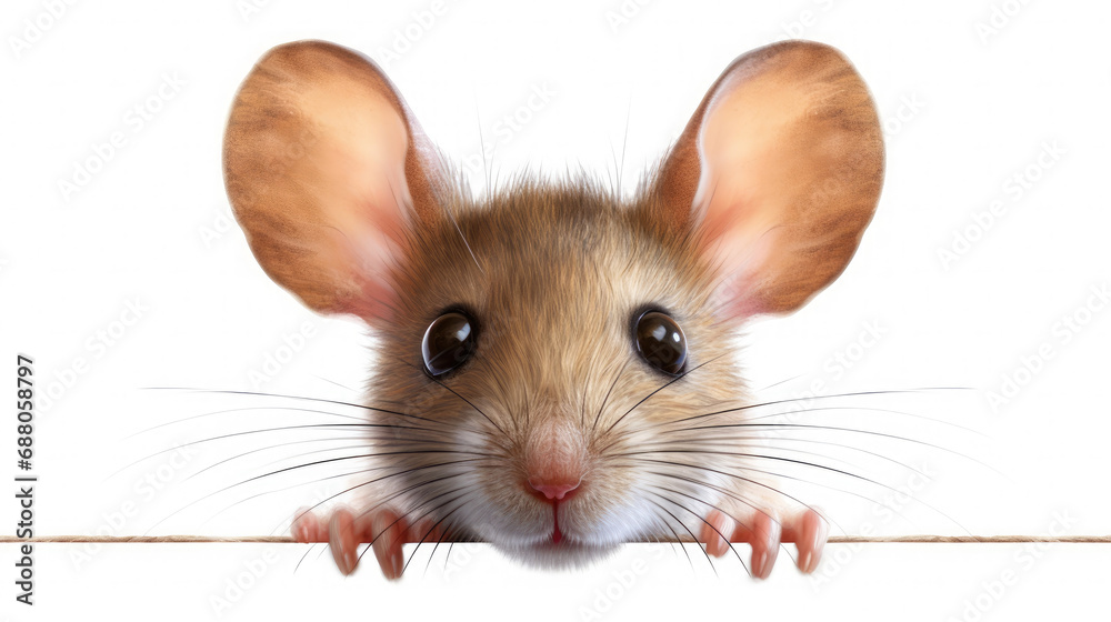 cute hamster mice animal head with cute big eyes, and light brown fur sticking out its hands between white walls on a white background created with Generative AI technology
