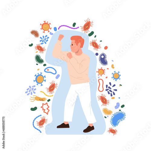 Man cartoon character boxing punching fighting against infectious virus and bacteria microorganism