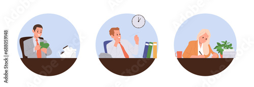 Isolated round icon composition set with happy employee office worker cartoon characters at desk