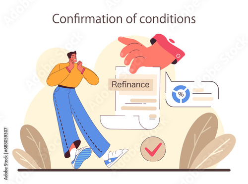 Refinance process. Loan rate reduction to lender agreements. Debt obligation with better interest rate. Housing loan, real estate mortgage. Flat vector illustration