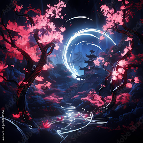 an ephemeral whirlwind featuring the neon glow of lights, jungle elements, abstract sakura elements with mirage-like distortions 