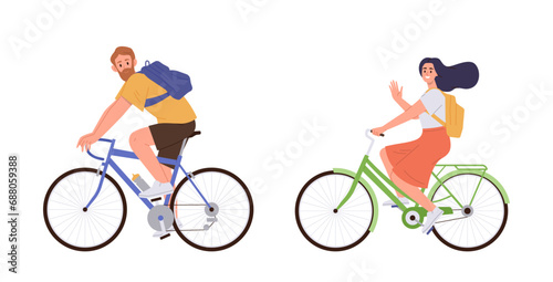 Man and woman people cartoon characters riding bicycle enjoying healthy sport activities outdoors