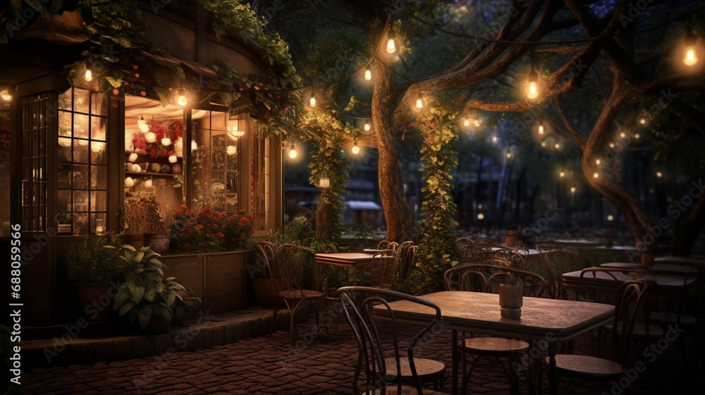 A cozy cafe nestled in a quaint corner, its outdoor seating area adorned with twinkling fairy lights, casting a magical ambiance