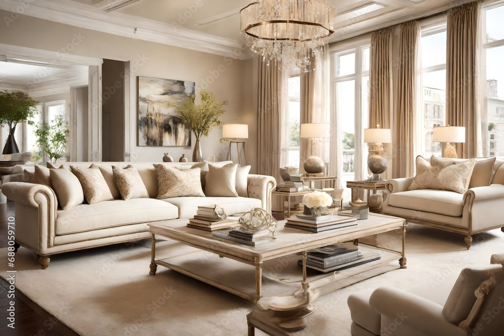 A beautifully adorned cream-colored sofa set amidst an elegant living room, exuding comfort and sophistication against a backdrop of tasteful decor elements.