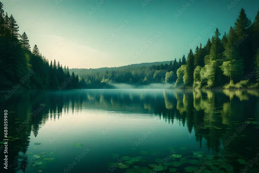 A serene, pastel-colored sky reflected in the calm waters of a tranquil lake surrounded by lush, green forests. A serene, pastel-colored sky reflected in the calm waters of a tranquil lake surrounded by lush, green forests.