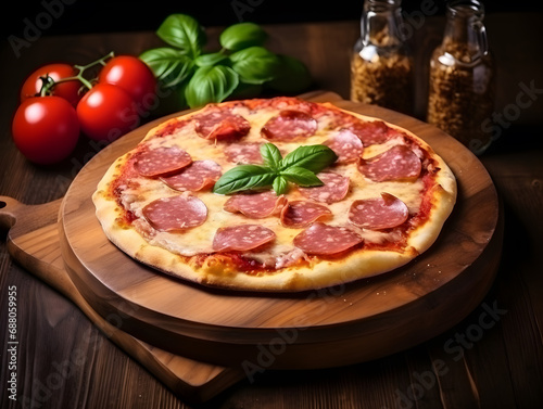 pizza with salami and tomatoes