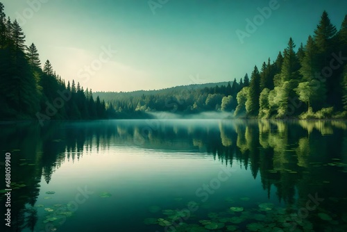 A serene, pastel-colored sky reflected in the calm waters of a tranquil lake surrounded by lush, green forests. © WOW
