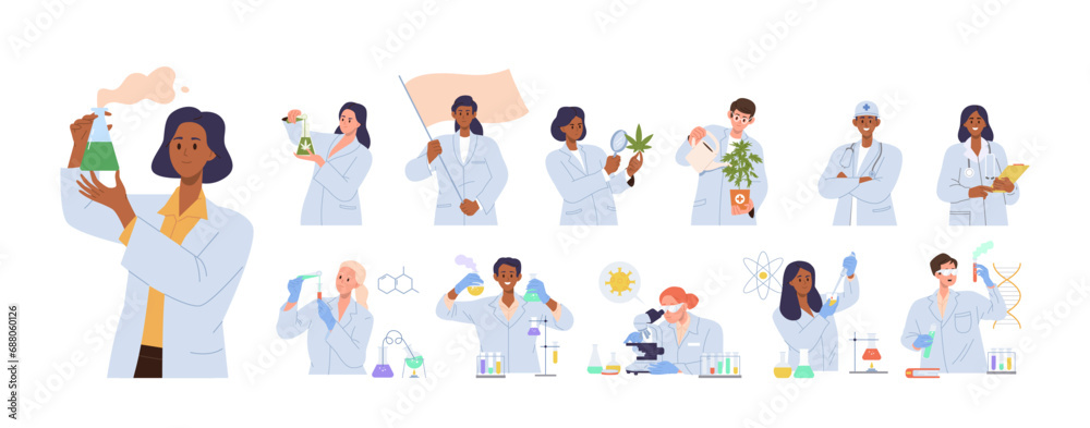 Εκτύπωση καμβά Woman doctor, female medical researcher, chemistry scientists cartoon characters