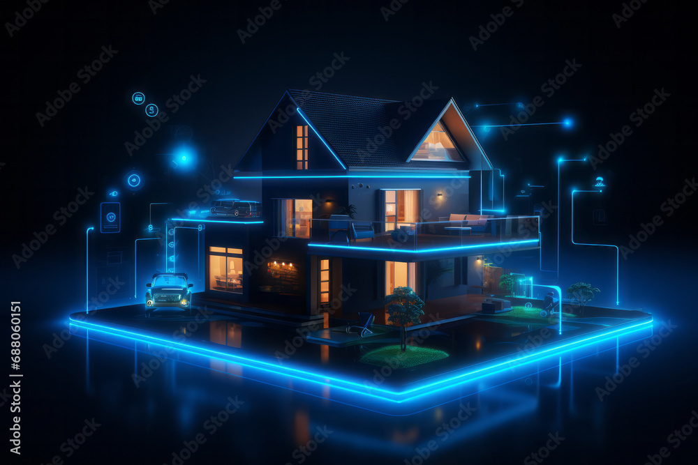 A blueprint-style visualization of a smart home, complete with detailed technology points and a luxury vehicle, all bathed in a cool blue glow - obrazy, fototapety, plakaty 