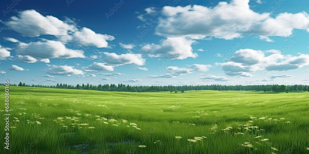 Rolling green hills. Vibrant summer landscape under clear blue sky. Sunny pastures. Picturesque meadow bathed in sunlight. Countryside bliss. Serene rural scene with lush greenery Rolling green hills. Vibrant summer landscape under clear blue sky. Sunny pastures. Picturesque meadow bathed in sunlight. Countryside bliss. Serene rural scene with lush greenery