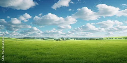 Rolling green hills. Vibrant summer landscape under clear blue sky. Sunny pastures. Picturesque meadow bathed in sunlight. Countryside bliss. Serene rural scene with lush greenery