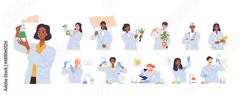 Woman doctor, female medical researcher, chemistry scientists cartoon characters isolated set