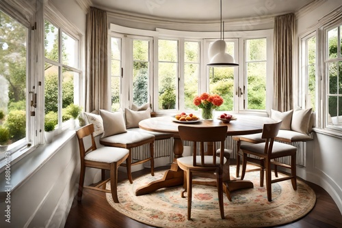 A cozy breakfast nook with a round wooden table surrounded by cushioned chairs overlooking a window with a garden view.