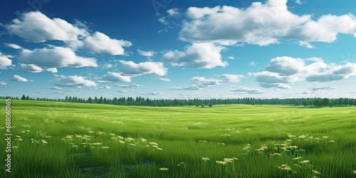Rolling green hills. Vibrant summer landscape under clear blue sky. Sunny pastures. Picturesque meadow bathed in sunlight. Countryside bliss. Serene rural scene with lush greenery