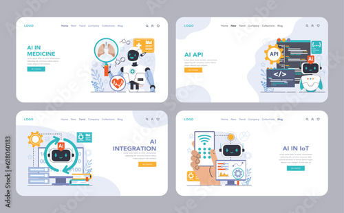 Ai integration web or landing set. Artificial intelligence, neural network assistance and robotization of life. Self-learning computing system processing big data. Flat vector illustration