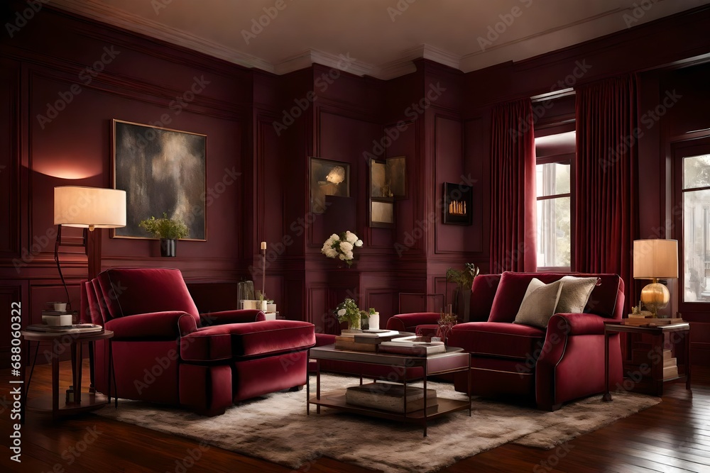 A plush maroon recliner highlighted by warm ambient lighting. A plush maroon recliner highlighted by warm ambient lighting.