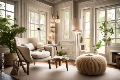 A cozy reading nook featuring a cream-colored armchair bathed in soft natural light  creating a serene retreat within the confines of a well-designed living space.