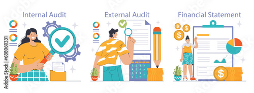 Audit process set. Professionals evaluating financial records. Internal checks, third-party verifications, clear reports. Integrity, accuracy, transparency in finance. Flat vector illustration
