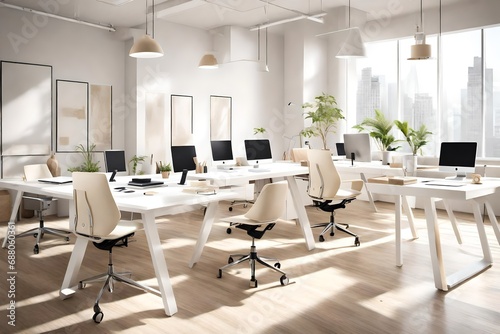 A chic office space with white desks  cream-colored ergonomic chairs  and minimalist decor for a productive yet stylish environment.