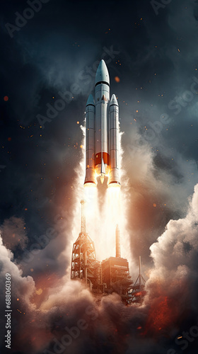 a rocket launches into space with a huge energy burning thrust and a rapid plume created with Generative AI Technology