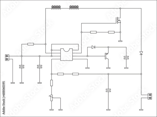 Vector template of circuit with electronic components (transistor, resistor, diode, capacitor, inductor, ic) connected by conductors. Electrical schematic diagram of electronic device.
