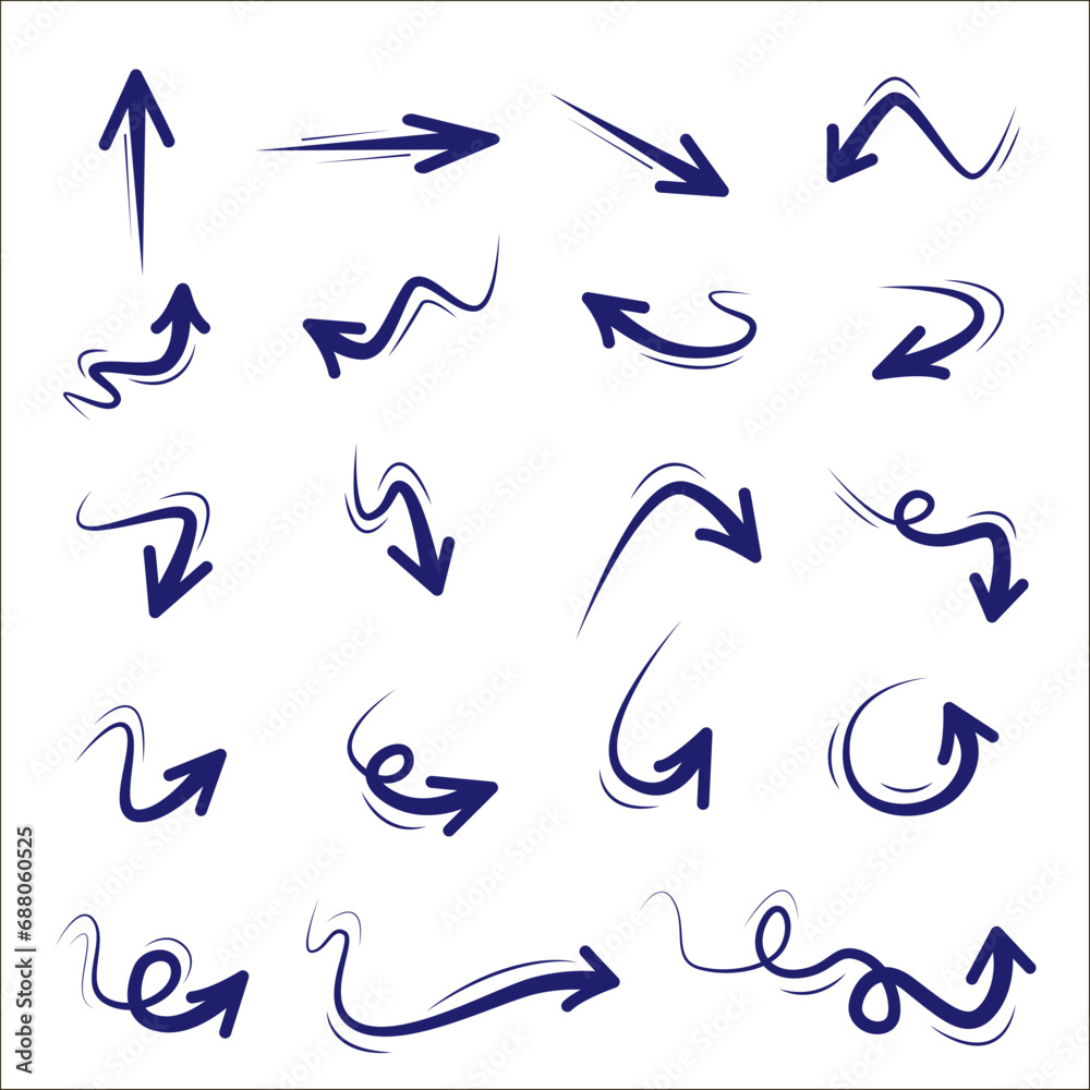 Vector abstract black hand drawn arrows set on white background.